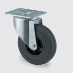 Drejeligt hjul sort masiv gummi ø100 mm 75 kg rulleleje med plade byggehøjde: 128 mm. driftstemperatur: -20°/+60°