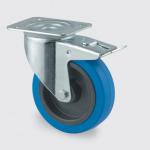 Drejeligt hjul med bremse blå elastisk gummi ø100 mm 160 kg rulleleje med plade byggehøjde: 128 mm. driftstemperatur: -20°/+80°
