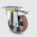 Drejeligt hjul med bremse polyuretan ø125 mm 500 kg din-kugleleje med plade byggehøjde: 164 mm. driftstemperatur: -20°/+60°