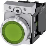 Lystrykknap 22 mm rund metal skinnende grøn flad momentan kontakt type med holder 1no led modul med integreret led 24v