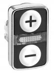 Harmony dobbelt trykknaphoved i metal for led med et sort + på hvid flade og et sort - på hvid flade