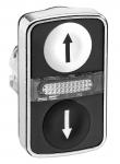Harmony dobbelt trykknaphoved i metal for led med en hvid pil på sort flade (ned) og en sort pil på hvid flade (op)