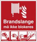 Brandskilt brandslange må ikke blokeres selvklæbende vinyl 175 x 155 mm h465vde