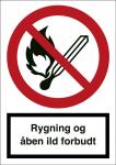 Forbudsskilt rygning og åben ild forbudt plast (a4) 297 x 210 mm f104pa4