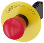 Nødstop paddetryk trykknap rød 40 mm med gul bagplade inskription: nødstop med holder 1 no+1 nc skrue 3su1100-1hb20-1fg0