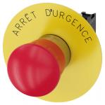 Nødstop paddetryk trykknap rød 40 mm med gul bagplade inskription: arret d'urgence med holder 1 nc skrue