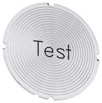 Inskription plade for lystrykknap rund hvid med sort font inskription: test