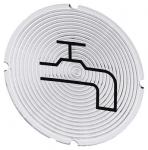Inskription plade for lystrykknap rund hvid med sort font grafisk symbol: water tap