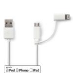2 i 1 kabel | USB 2.0 | USB-A han | Apple Lightning 8-pin / USB Micro B Han | 480 Mbps | 1.00 m | Nikkelplateret | Runde | PVC | Hvid | Plastikpose