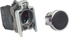 Trykknap komplet i metal for montage i ø22 mm hul med fjeder-retur og plan trykflade i sort farve og 1xno+1xnc kontakter