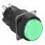 Pushbutton ø16 round monolitic in green with spring-return and 1 c/o contact