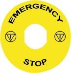 Skilt med tekst ø60 til nødstop - emergency stop/logo iso13850