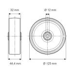Tente løs hjul grå polyuretan ø125x32 mm ø12xnl44 rulleleje byggehøjde: 125 mm. driftstemperatur: -40°/+80°