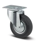 Tente drejeligt hjul stålfælg sort massiv gummi trådfang 100 mm 70 kg rulleleje med plade byggehøjde: 128 mm. driftstemperatur: -20°/+60°