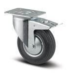 Tente drejeligt hjul med bremse stålfælg sort massiv gummi trådfang ø125 mm 100 kg rulleleje med plade byggehøjde: 155 mm. driftstemperatur: -20°/+60°