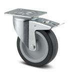 Tente drejeligt hjul med bremse sort elastisk gummi ø160 mm 300 kg rulleleje med plade byggehøjde: 200 mm. driftstemperatur: -20°/+80°