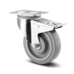 Tente drejeligt hjul med bremse grå elastisk gummi ø100 mm 160 kg din-kugleleje med plade byggehøjde: 128 mm. driftstemperatur: -20°/+80°