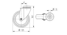 Tente drejeligt hjul grå gummi ø125 mm 100 kg glideleje med bolthul rustfri byggehøjde: 160 mm. driftstemperatur: -20°/+60°