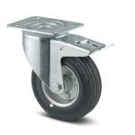 Tente drejeligt hjul med bremse stålfælg sort massiv gummi esd ø200 mm 205 kg rulleleje med plade byggehøjde: 240 mm. driftstemperatur: -20°/+60°