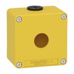 Harmony tom nødstopkasse i gul metal med 1 x ø22 mm hul for trykknap og 2 x m20 forskruninger 80 x 80 x 51,5 mm