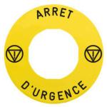 Harmony nødstopskilt i gul plast ø60 mm for zbz3605 aflåsningstilbehør med sort tekst arret d'urgence og en/iso 13850 symbol