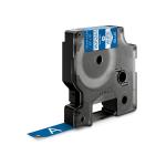 Dymo rhino industri tape vinyl 12mmx5,5m rulle hvid på blå selvklæbende